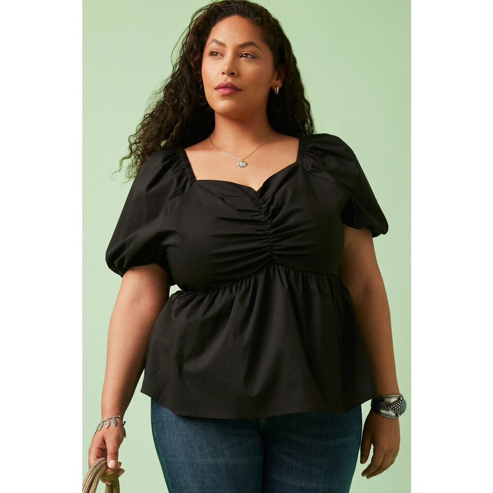 HAYDEN Destiny Plus Black Shirred Puff Sleeve Sweetheart Top 3XL